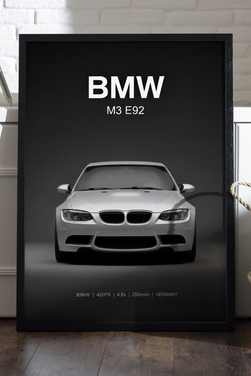 BMW M3 E92 Siyah Ahşap Çerçeveli Poster, Dekoratif Araba Duvar Tablosu