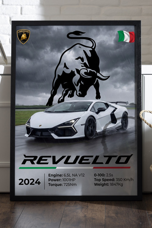 Lamborghini Revuelto Siyah Ahşap Çerçeveli Poster, Dekoratif Araba Duvar Tablosu