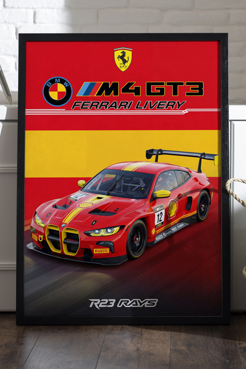 BMW M4 GT3 Siyah Ahşap Çerçeveli Poster, Dekoratif Araba Duvar Tablosu