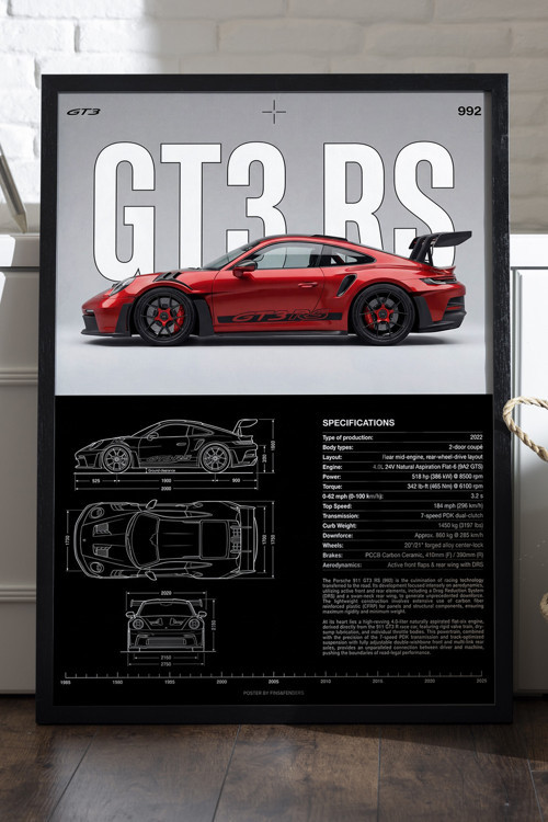 Porsche GT3 RS Ahşap Çerçeveli Poster, Dekoratif Araba Duvar Tablosu