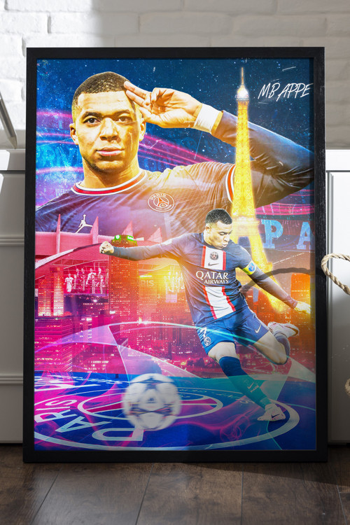 Kylian Mbappe Siyah Ahşap Çerçeveli Poster, Dekoratif Spor Duvar Tablosu