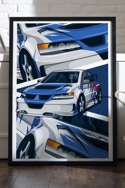 Mitshubishi Lancer Evolution Siyah Ahşap Çerçeveli Poster, Dekoratif Araba Duvar Tablosu