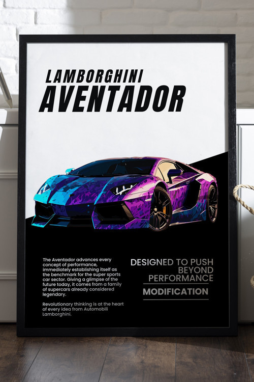 Lamborghini Aventador Siyah Ahşap Çerçeveli Poster, Dekoratif Araba Duvar Tablosu