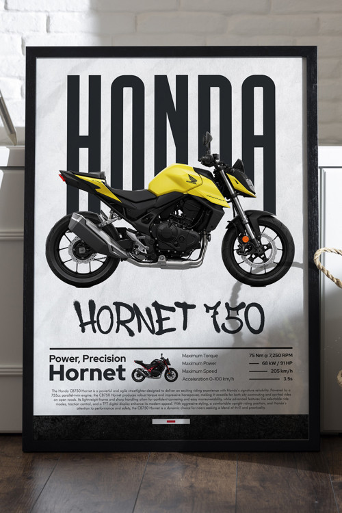 Honda Hornet 750 Siyah Ahşap Çerçeveli Poster, Dekoratif Motosiklet Duvar Tablosu