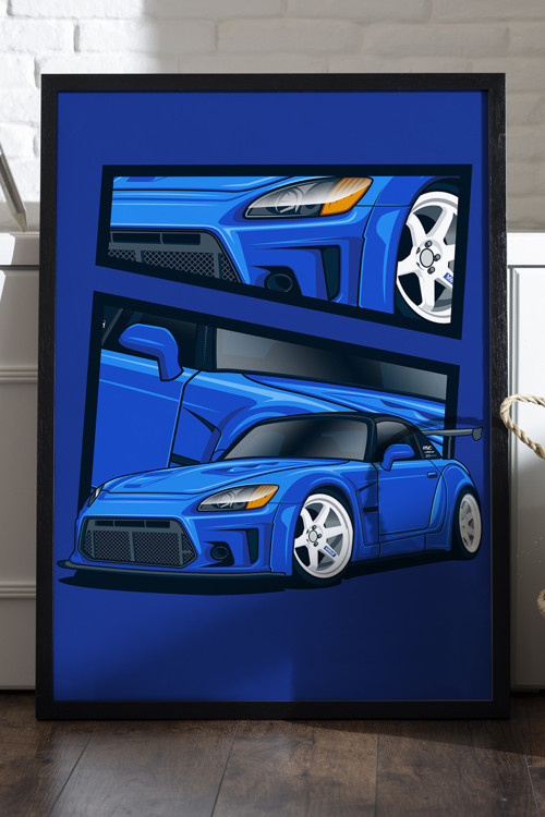 Honda S2000 Siyah Ahşap Çerçeveli Poster, Dekoratif Araba Duvar Tablosu