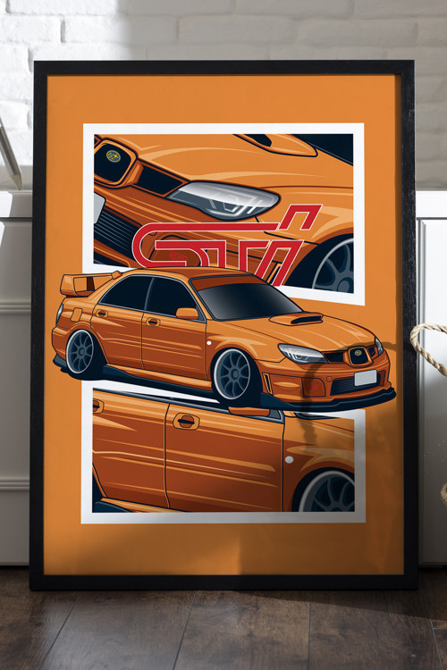 Subaru WRX STI Siyah Ahşap Çerçeveli Poster, Dekoratif Araba Duvar Tablosu