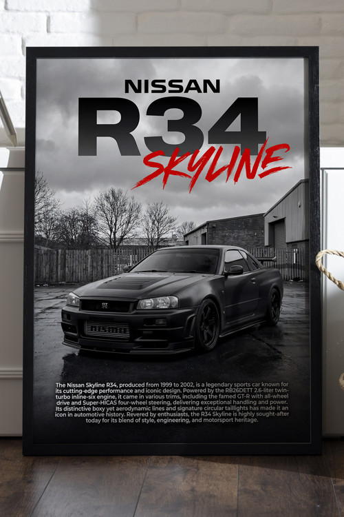 Nissan R34 Skyline Siyah Ahşap Çerçeveli Poster, Dekoratif Araba Duvar Tablosu