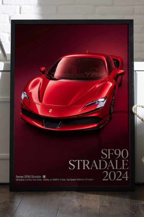 Ferrari SF90 Stardale 2024 Siyah Ahşap Çerçeveli Poster, Dekoratif Araba Duvar Tablosu