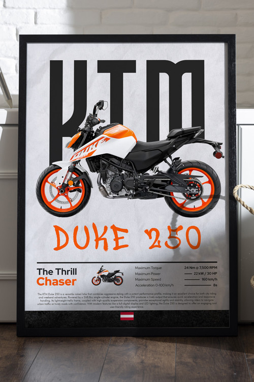 KTM Duke 250 Siyah Ahşap Çerçeveli Poster, Dekoratif Motosiklet Duvar Tablosu