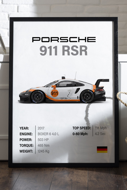 Porsche 911 RSR Siyah Ahşap Çerçeveli Poster, Dekoratif Araba Duvar Tablosu
