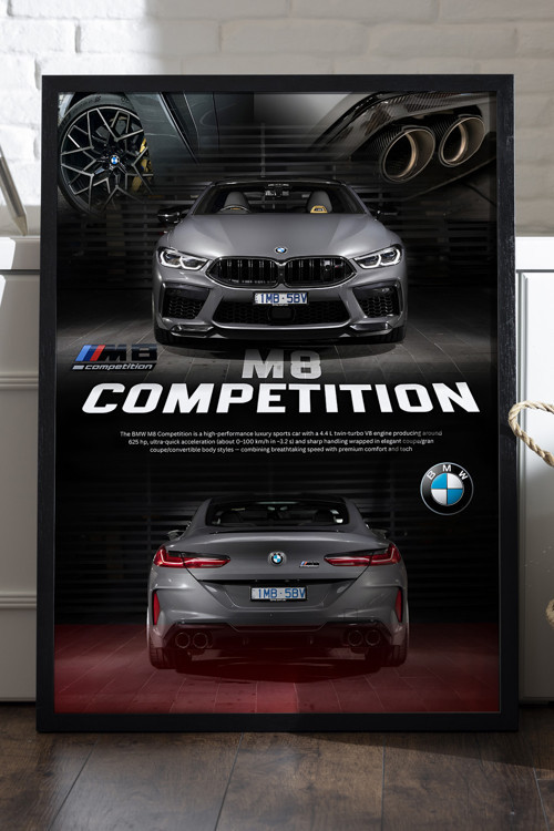 BMW M8 Competition Araba Siyah Ahşap Çerçeveli Poster, Dekoratif Duvar Tablosu