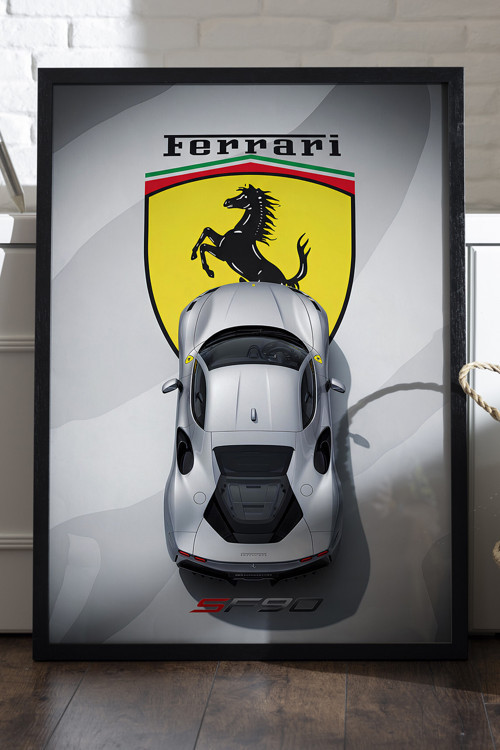 Ferrari SF90 Siyah Ahşap Çerçeveli Poster, Dekoratif Araba Duvar Tablosu