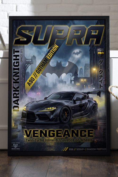 Toyota Supra Siyah Ahşap Çerçeveli Poster, Dekoratif Araba Duvar Tablosu