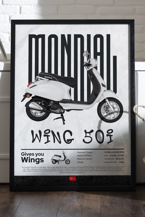 Mondial Wing 50i Siyah Ahşap Çerçeveli Poster, Dekoratif Motosiklet Duvar Tablosu
