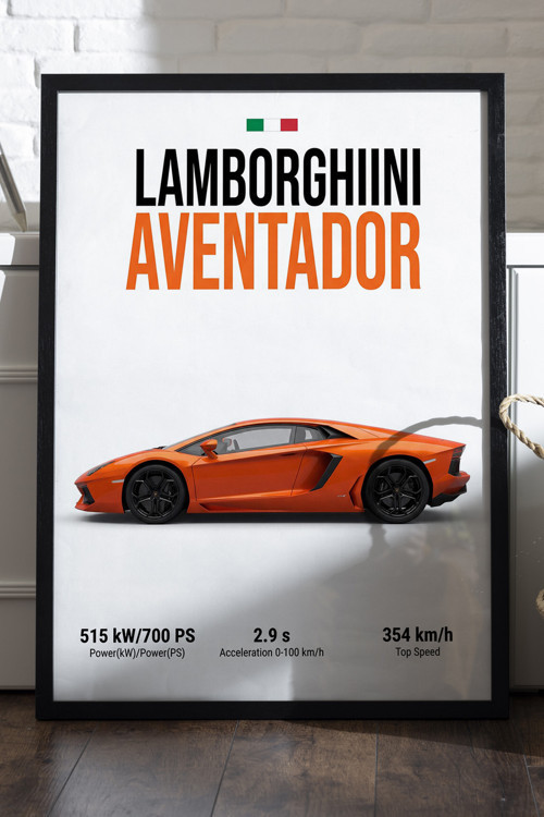 Lamborghini Aventador Siyah Ahşap Çerçeveli Poster, Dekoratif Araba Duvar Tablosu