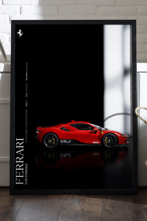 Ferrari SF90 Stradale Siyah Ahşap Çerçeveli Poster, Dekoratif Araba Duvar Tablosu