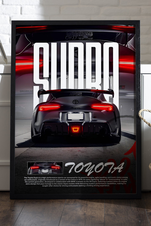 Toyota Supra Siyah Ahşap Çerçeveli Poster, Dekoratif Araba Duvar Tablosu