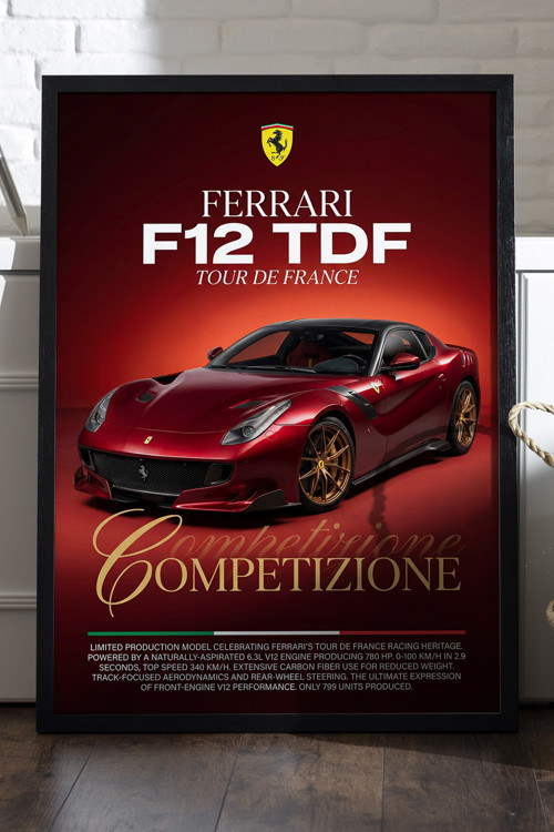 Ferrari F12 TDF Siyah Ahşap Çerçeveli Poster, Dekoratif Araba Duvar Tablosu