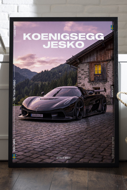 Koenigsegg Jesko Siyah Ahşap Çerçeveli Poster, Dekoratif Araba Duvar Tablosu