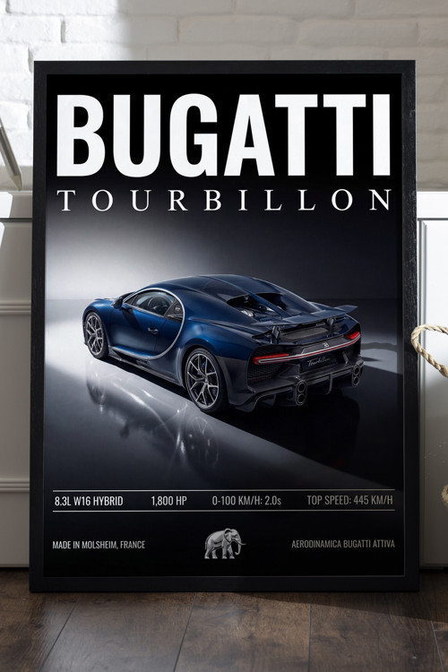 Bugatti Tourbillon Siyah Ahşap Çerçeveli Poster, Dekoratif Araba Duvar Tablosu