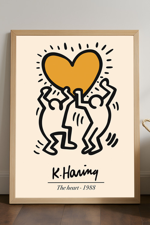 Ketih Haring Doğal Ahşap Çerçeveli Poster, Dekoratif Sanatsal Duvar Tablosu