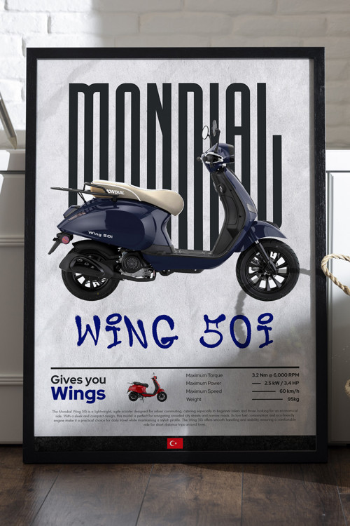 Mondial Wing 50i Siyah Ahşap Çerçeveli Poster, Dekoratif Motosiklet Duvar Tablosu
