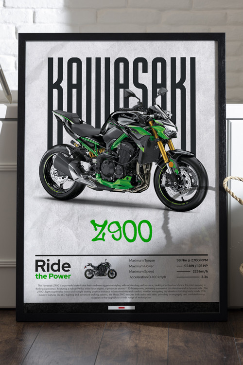 Kawasaki Z900 Siyah Ahşap Çerçeveli Poster, Dekoratif Motosiklet Duvar Tablosu