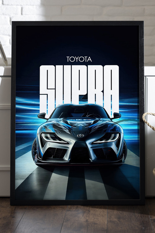Toyota Supra Siyah Ahşap Çerçeveli Poster, Dekoratif Araba Duvar Tablosu