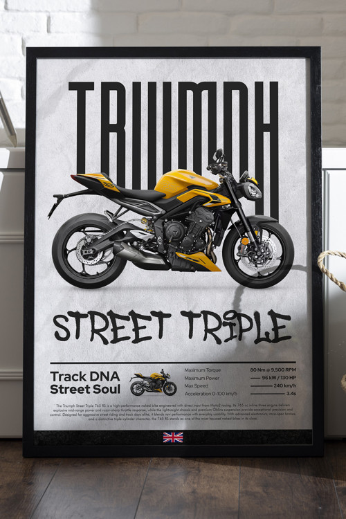 Triump Street Triple Siyah Ahşap Çerçeveli Poster, Dekoratif Motosiklet Duvar Tablosu