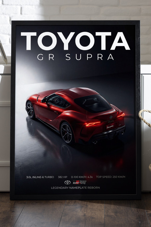 Toyota Supra Siyah Ahşap Çerçeveli Poster, Dekoratif Araba Duvar Tablosu