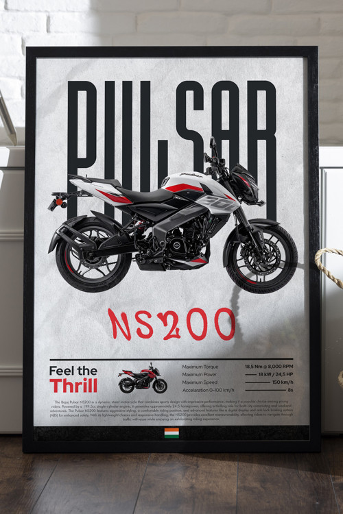 Bajaj Pulsar NS 200 Siyah Ahşap Çerçeveli Poster, Dekoratif Motosiklet Duvar Tablosu