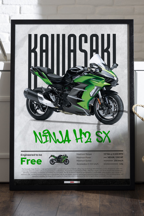Kawasaki Ninja H2 SX Siyah Ahşap Çerçeveli Poster, Dekoratif Motosiklet Duvar Tablosu