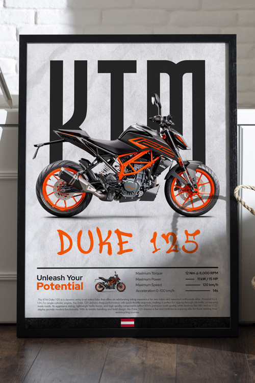 KTM Duke 125 Siyah Ahşap Çerçeveli Poster, Dekoratif Motosiklet Duvar Tablosu