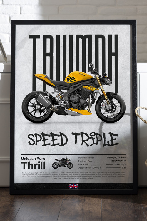 Truimph Speed Triple Siyah Ahşap Çerçeveli Poster, Dekoratif Motosiklet Duvar Tablosu