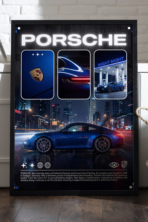 Porsche 911 Siyah Ahşap Çerçeveli Poster, Dekoratif Araba Duvar Tablosu