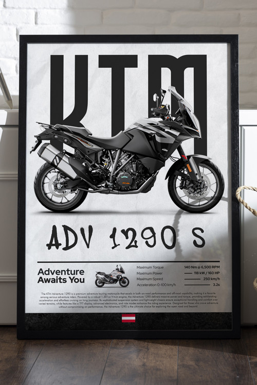 KTM ADV 1290 Siyah Ahşap Çerçeveli Poster, Dekoratif Motosiklet Duvar Tablosu
