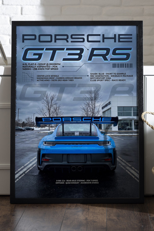 Porsche GT3 RS Siyah Ahşap Çerçeveli Poster, Dekoratif Araba Duvar Tablosu