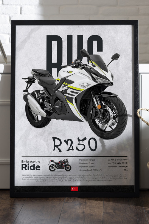 RKS R250 Siyah Ahşap Çerçeveli Poster, Dekoratif Motosiklet Duvar Tablosu
