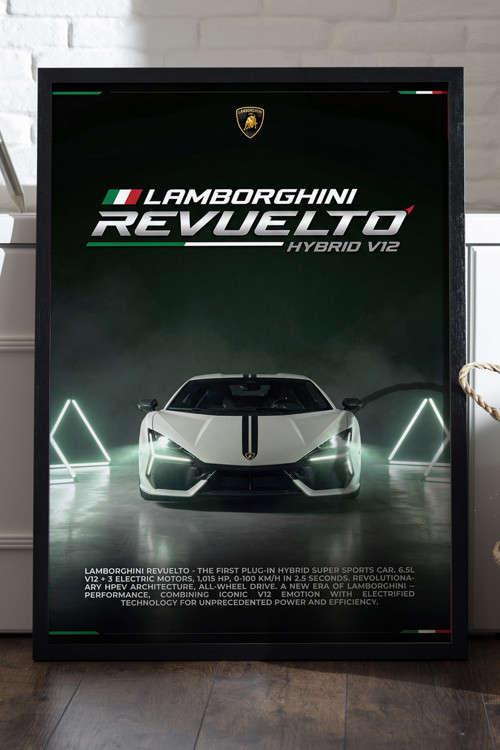 Lamborghini Revuelto Siyah Ahşap Çerçeveli Poster, Dekoratif Araba Duvar Tablosu