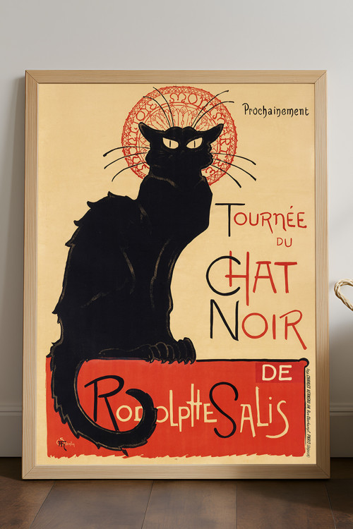 Chat Noir Kedi Doğal Ahşap Çerçeveli Poster, Dekoratif Sanatsal Duvar Tablosu