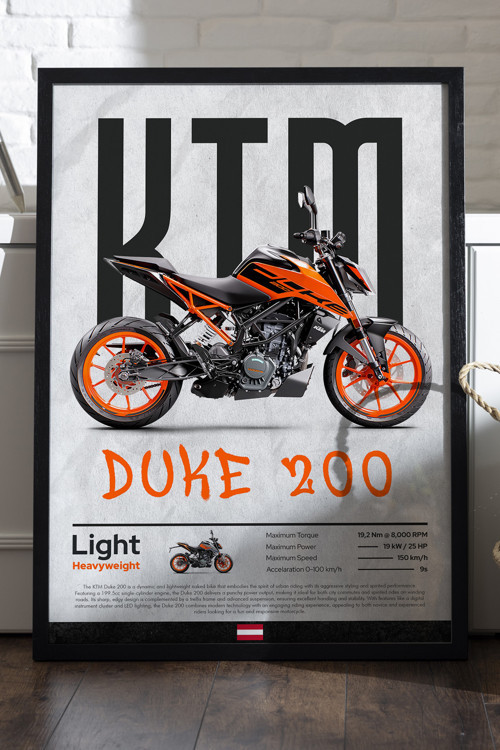 KTM Duke 200 Siyah Ahşap Çerçeveli Poster, Dekoratif Motosiklet Duvar Tablosu
