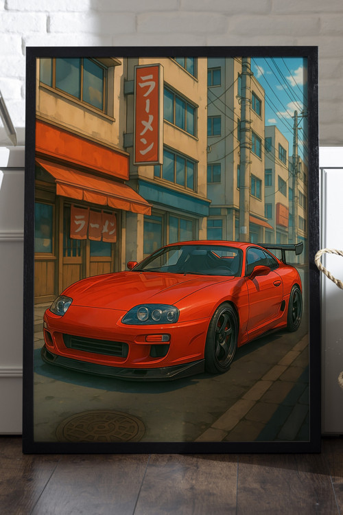 Toyota Supra Siyah Ahşap Çerçeveli Poster, Dekoratif Araba Duvar Tablosu