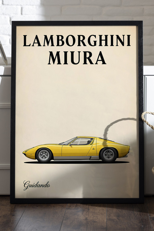 Lamborghini Miura Siyah Ahşap Çerçeveli Poster, Dekoratif Araba Duvar Tablosu