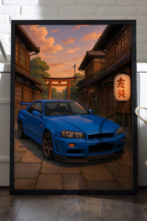 Nissan GT-R Siyah Ahşap Çerçeveli Poster, Dekoratif Araba Duvar Tablosu