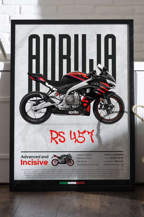 Aprilia RS 457 Siyah Ahşap Çerçeveli Poster, Dekoratif Motosiklet Duvar Tablosu