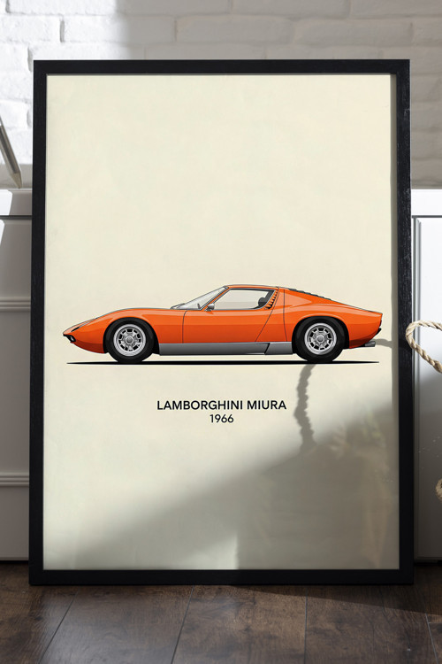 Lamborghini Miura Siyah Ahşap Çerçeveli Poster, Dekoratif Araba Duvar Tablosu