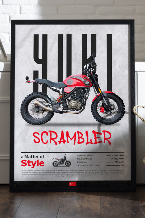 Yuki Scrambler Siyah Ahşap Çerçeveli Poster, Dekoratif Motosiklet Duvar Tablosu