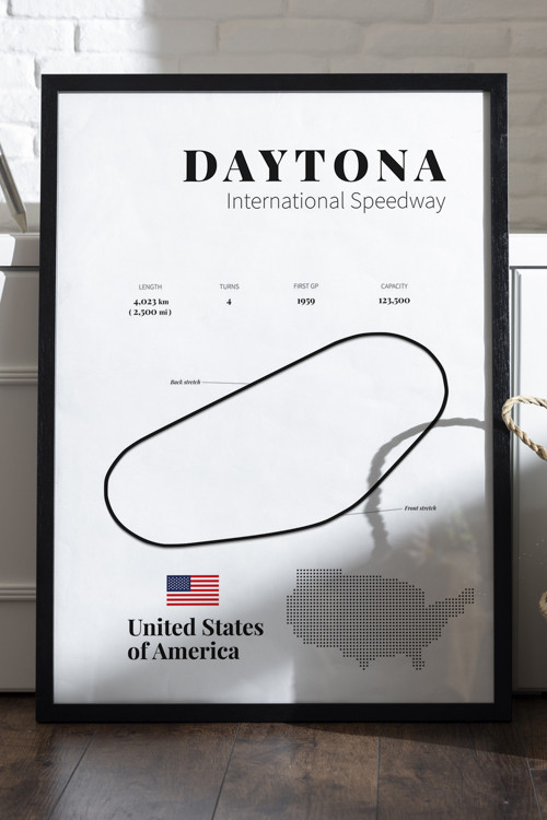Daytona Formula 1 Siyah Ahşap Çerçeveli Poster, Dekoratif Harita Duvar Tablosu
