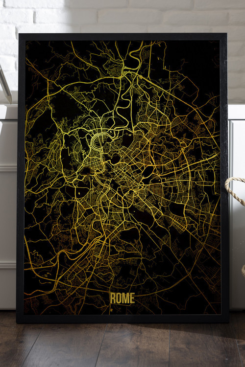 Rome Şehir Haritası Siyah Ahşap Çerçeveli Poster, Dekoratif Harita Duvar Tablosu