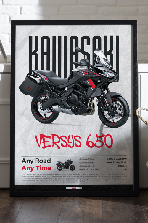 Kawasaki Versys 650 Siyah Ahşap Çerçeveli Poster, Dekoratif Motosiklet Duvar Tablosu